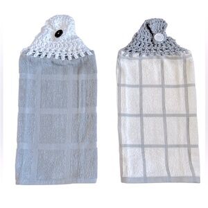 Hand Crafted Gray and White Hanging Kitchen Hand Towels Crochet Top